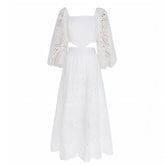 Barbados White Eyelet Embroidered Long Puff Sleeve Cut Out Maxi Dress